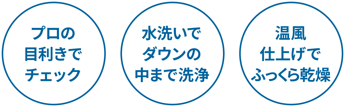 プロの目利きでチェック 水洗いでダウンの中まで洗浄 温風仕上げでふっくら乾燥